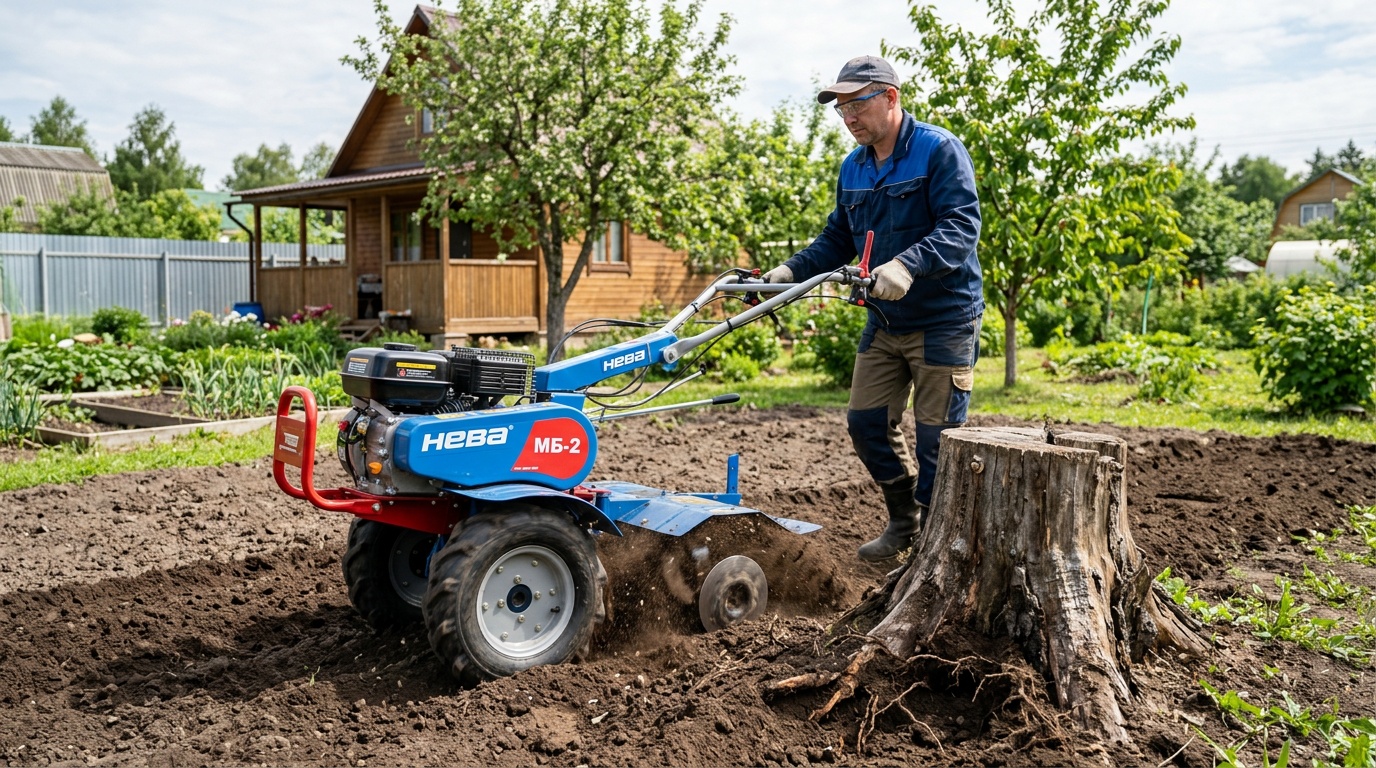 профессиональная работа с мотоблоком-фрезой на садовом участке, оператор управляет техникой рядом с пнём, пригородный участок