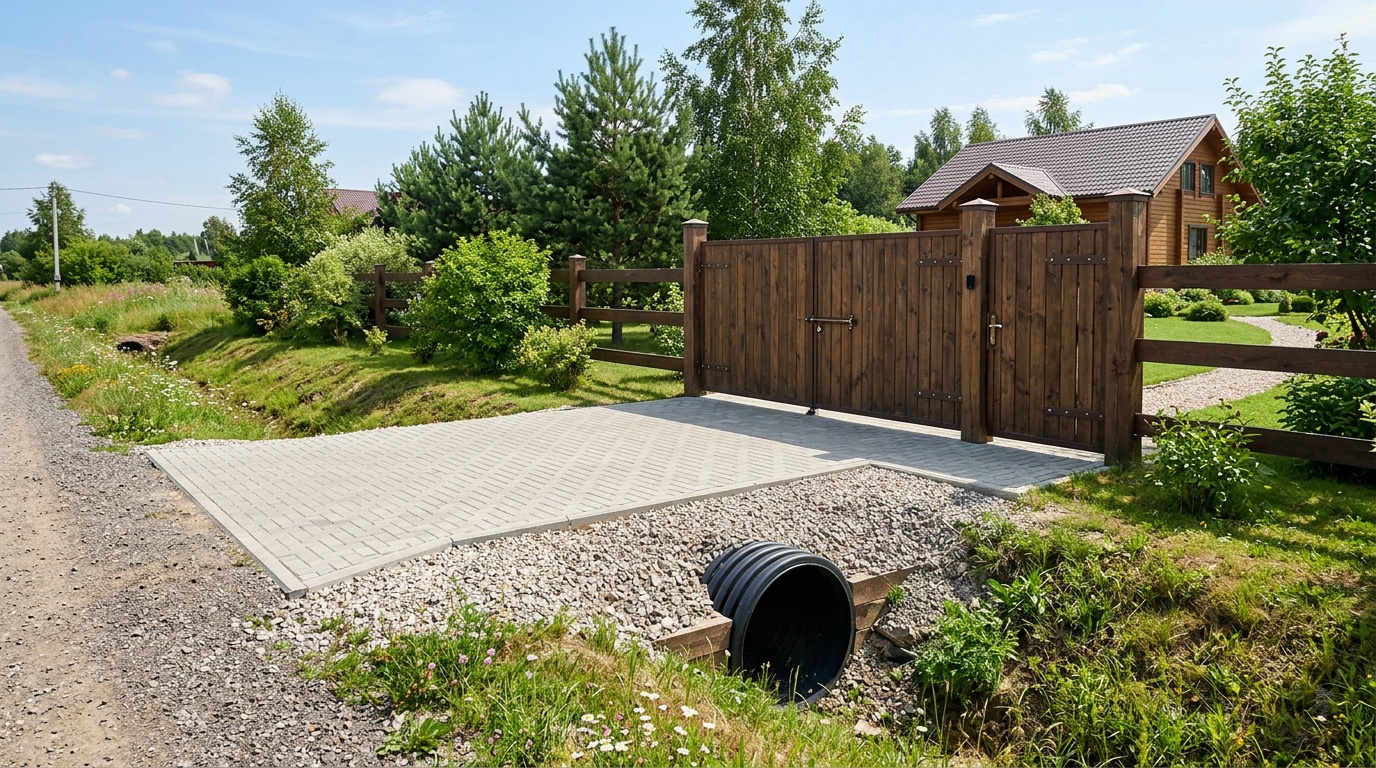 Аккуратный заезд на загородный участок через канаву — уложенная ПНД-труба, щебёночная отсыпка, тротуарная плитка, деревянные ворота на заднем плане, солнечный день