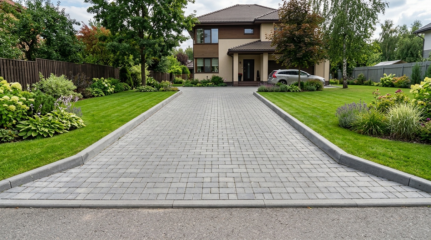 Заезд на участок, покрытый тротуарной плиткой серого цвета с бордюрами, аккуратно уложенной под небольшим уклоном, зелёный газон по бокам