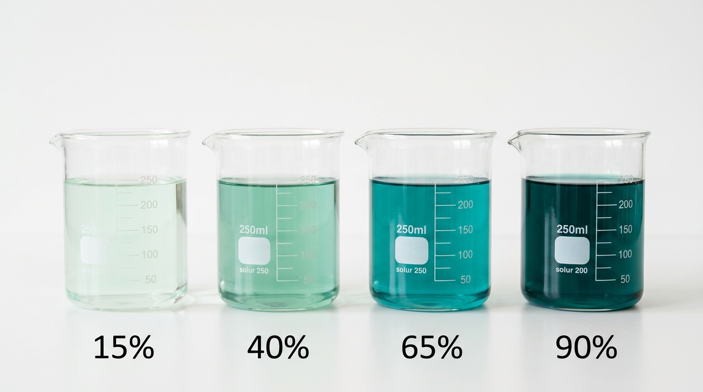 четыре прозрачных стакана с растворами разной насыщенности — от бледно-зелёного до насыщенного сине-зелёного, подписи с процентами, белый фон