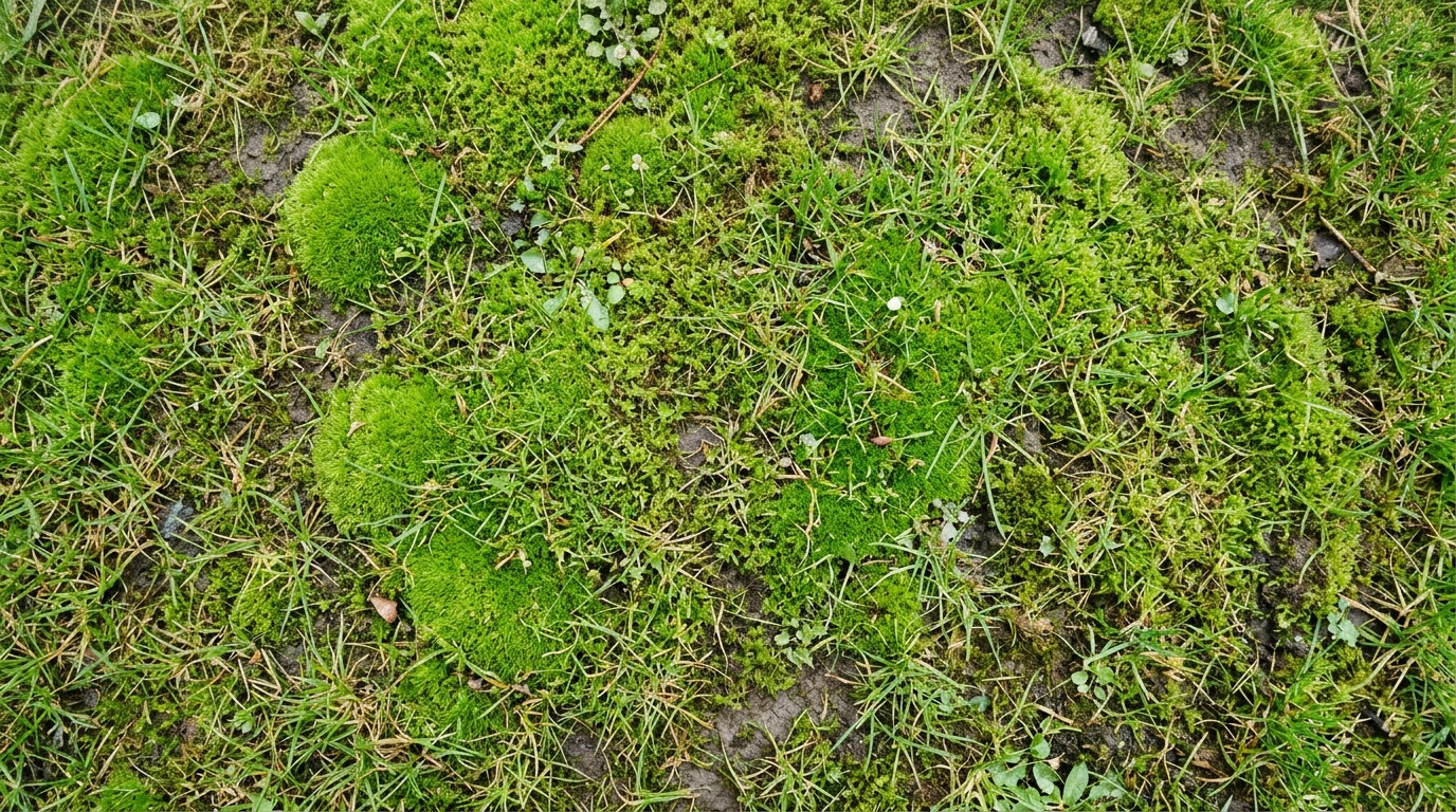 Газон с пятнами зелёного мха вперемешку с газонной травой, вид сверху, ранняя весна, мягкий дневной свет