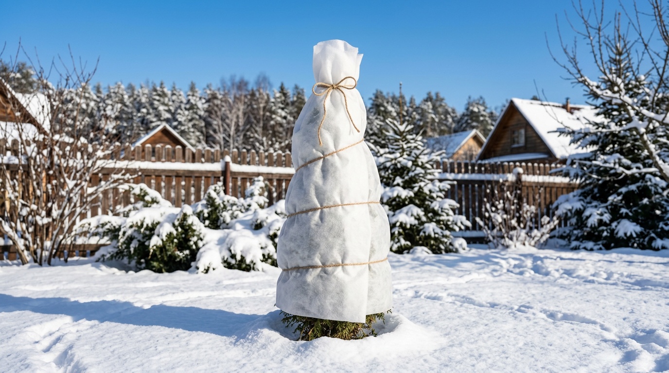 молодая туя высотой около 80 см, обёрнутая белым лутрасилом, зима, снег на земле, голубое небо, частный участок