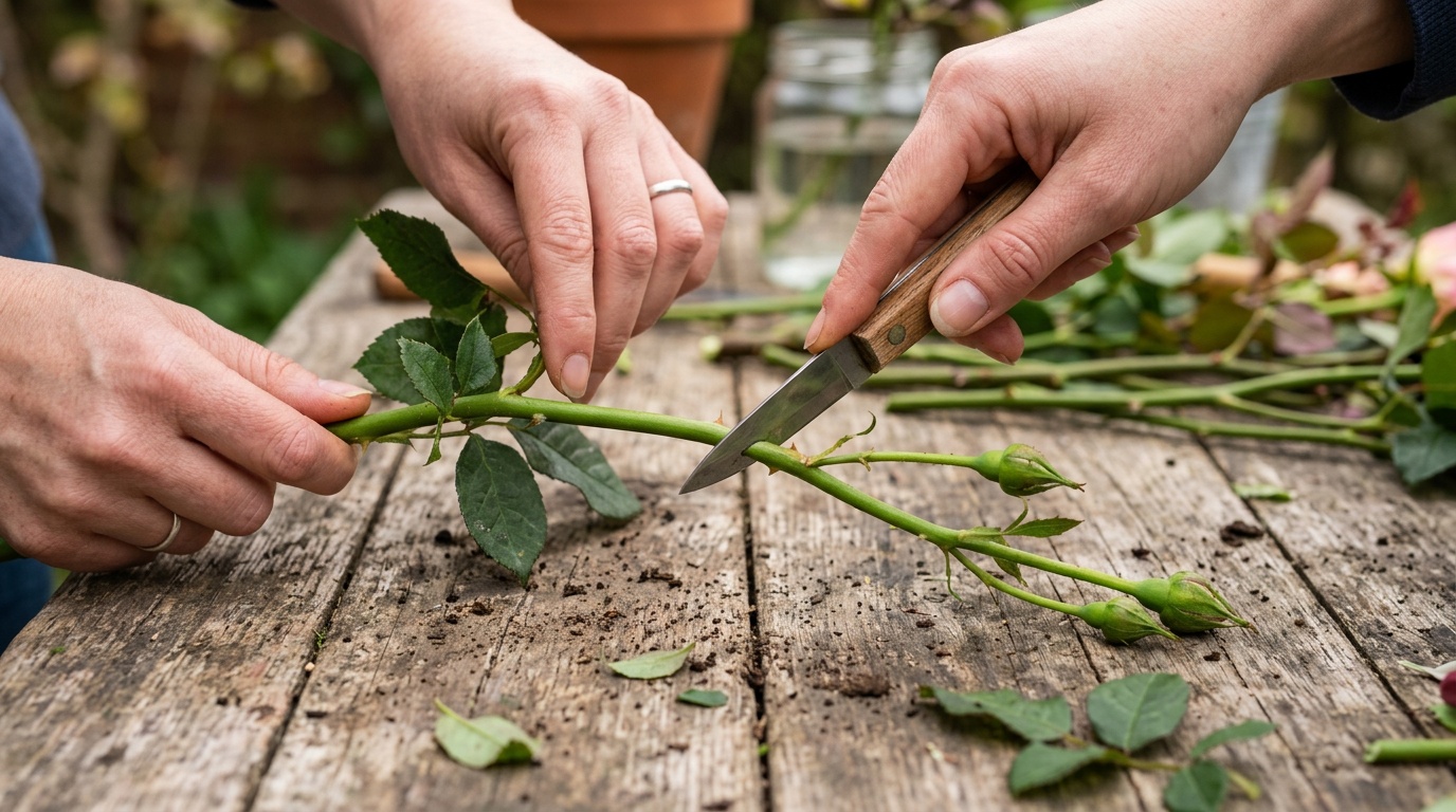 крупный план — руки с садовым ножом нарезают черенки розы под углом, зелёный стебель с тремя почками, деревянный стол