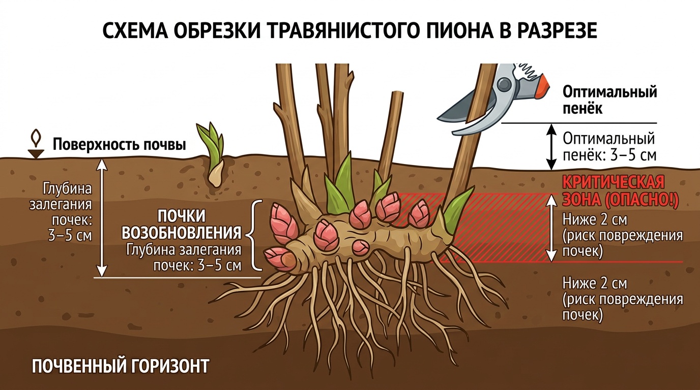 Схема-инфографика обрезки травянистого пиона в разрезе: поверхность почвы, расположение почек возобновления на глубине 3–5 см, оптимальный пенёк 3–5 см с подписями, опасная зона ниже 2 см, белый фон с чёткими подписями