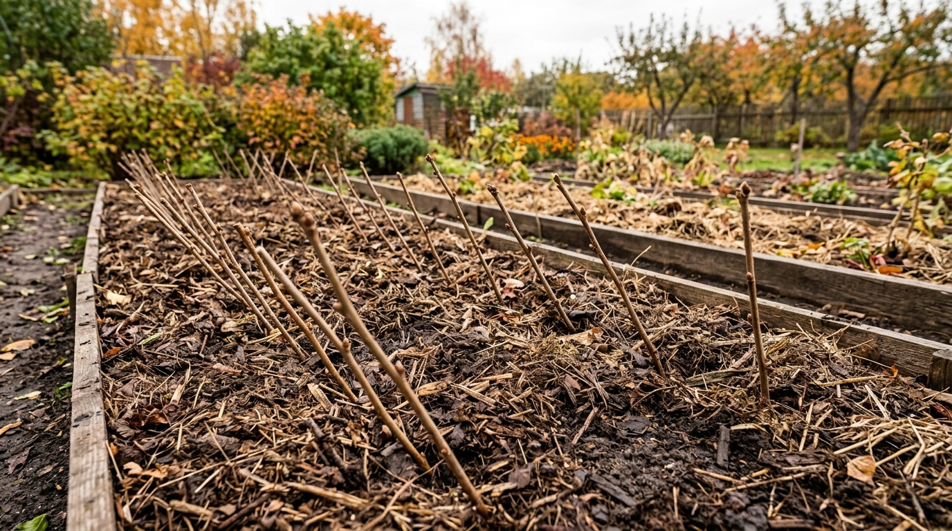 Молодые черенки чёрной смородины воткнуты рядами в землю под углом, мульчированная грядка-школка, ранняя осень, мягкий естественный свет