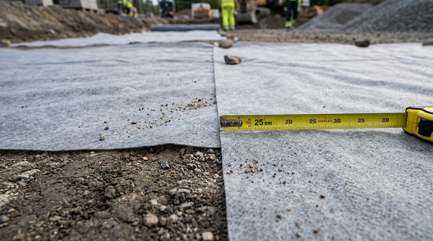 Укладка геотекстиля с нахлёстом, крупный план стыка — видно перекрытие полотен, рядом рулетка показывает 25 см