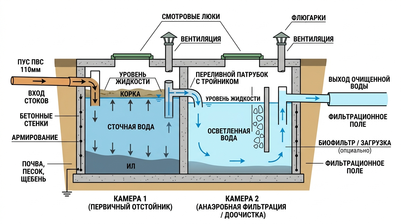 Схематичный разрез двухкамерного септика — камеры, уровни жидкости, схема движения стоков, чистая инфографика на белом фоне