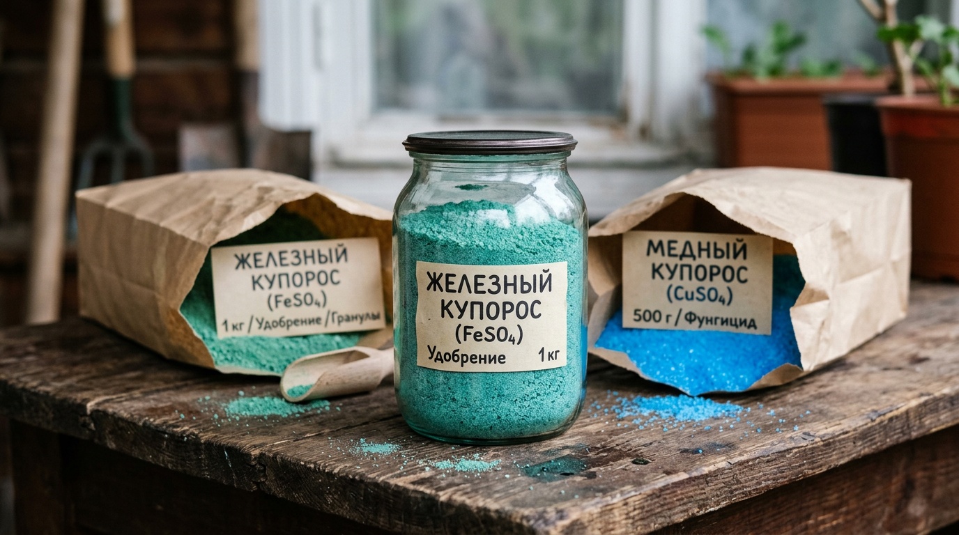 пакеты с железным и медным купоросом рядом на деревянной поверхности, крупный план, голубовато-зелёный порошок железного купороса в стеклянной банке