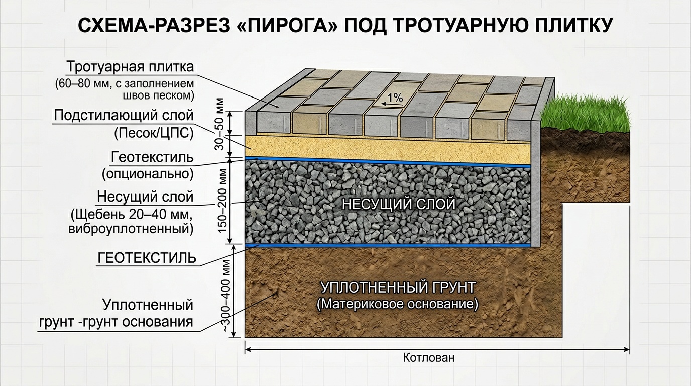 Схема-разрез «пирога» под тротуарную плитку: котлован → геотекстиль → щебень → геотекстиль (опционально) → песок → плитка, с подписанными толщинами каждого слоя