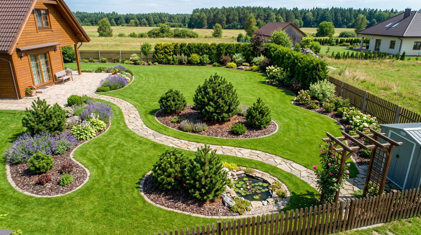 Аккуратный загородный сад с несколькими карликовыми соснами разного размера, вид сверху, видны расстояния между растениями, стриженый газон