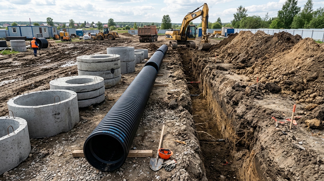 Двустенная гофрированная ПНД-труба диаметром 500 мм лежит рядом с вырытой канавой, рядом — кольца железобетонной трубы, строительная площадка