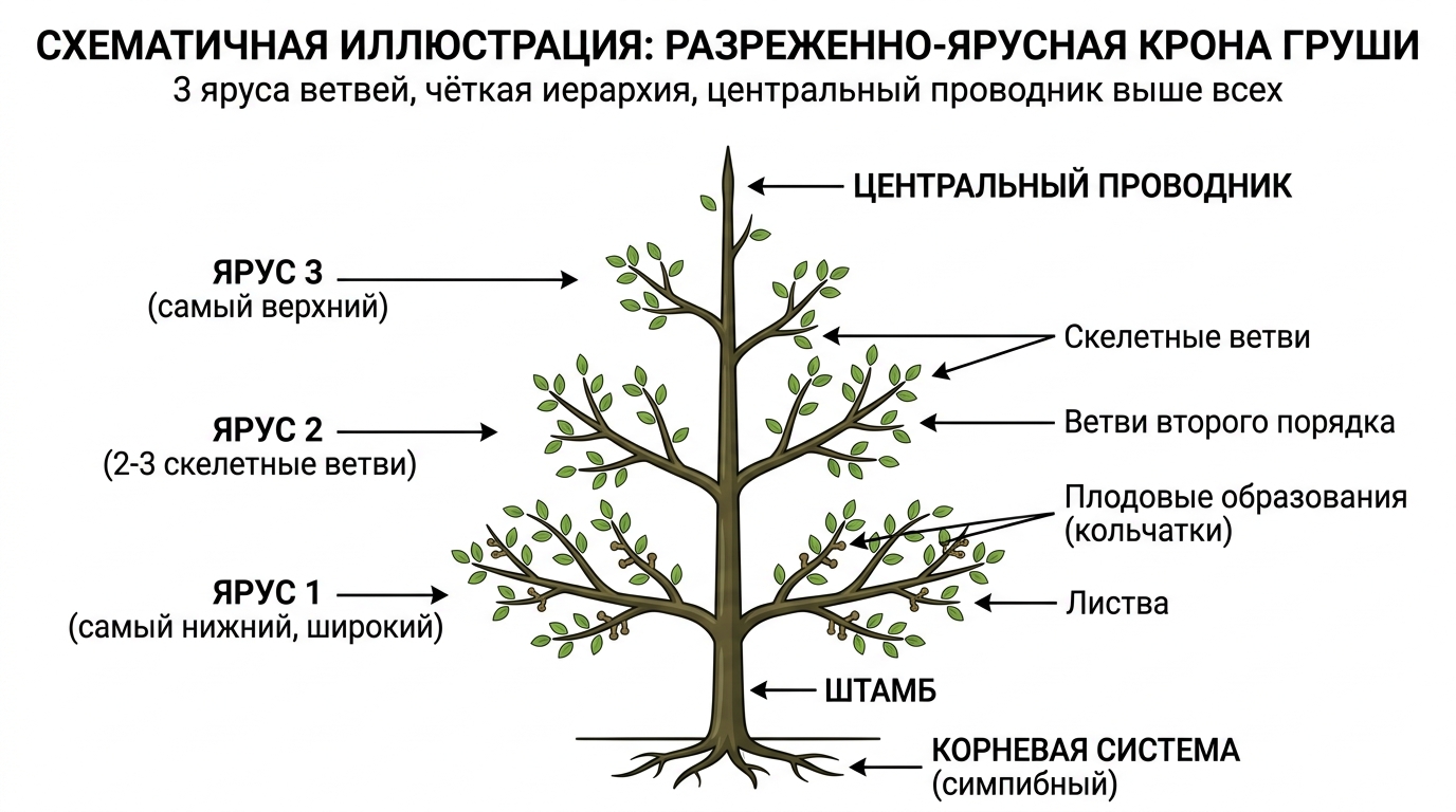 схематичная иллюстрация разреженно-ярусной кроны груши — 3 яруса ветвей с чёткой иерархией, центральный проводник выше всех, инфографика на белом фоне