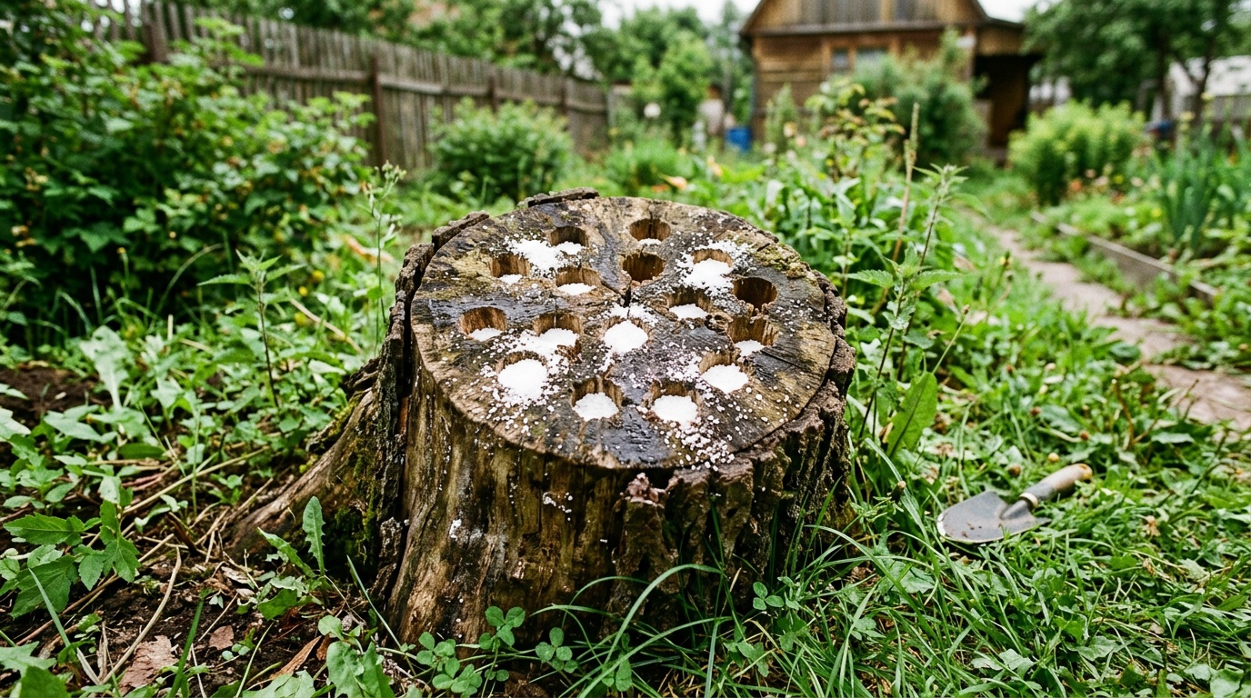 пень дерева с просверленными отверстиями, в которые засыпается белое вещество, крупный план, дачный участок