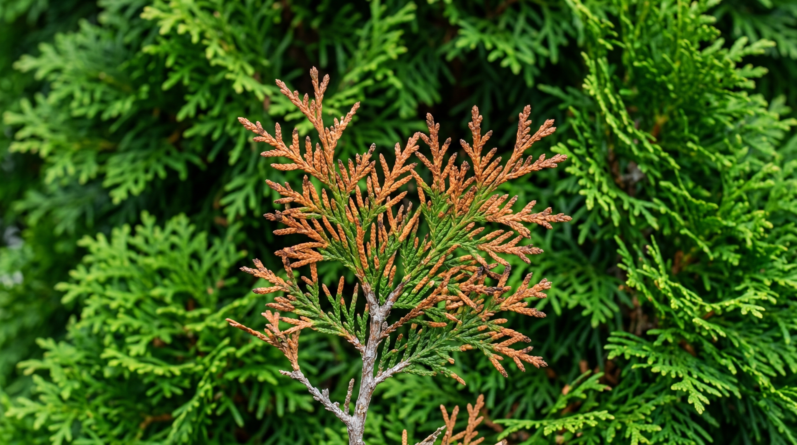 крупный план веточки туи с бурыми кончиками — ранний признак грибкового поражения, на фоне здоровой зелёной кроны