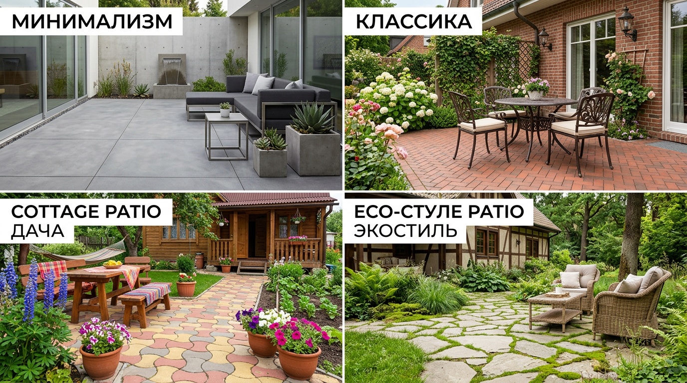коллаж четырёх вариантов патио в разных стилях — минималистичное с серыми плитами, классическое с клинкером-ёлочкой, дачное с волнистой плиткой и экостиль с природным камнем и газоном в швах