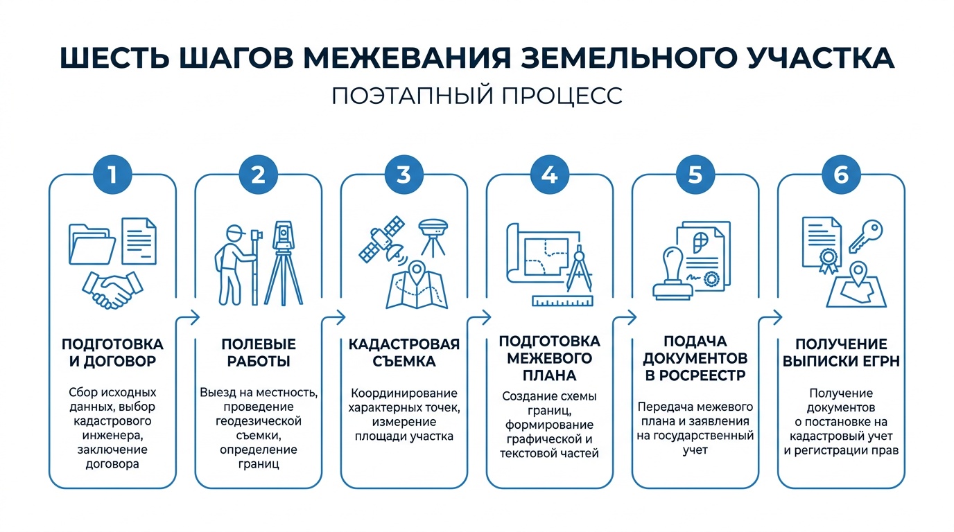 Схема-инфографика с шестью шагами межевания, минималистичный стиль, белый фон, синие иконки