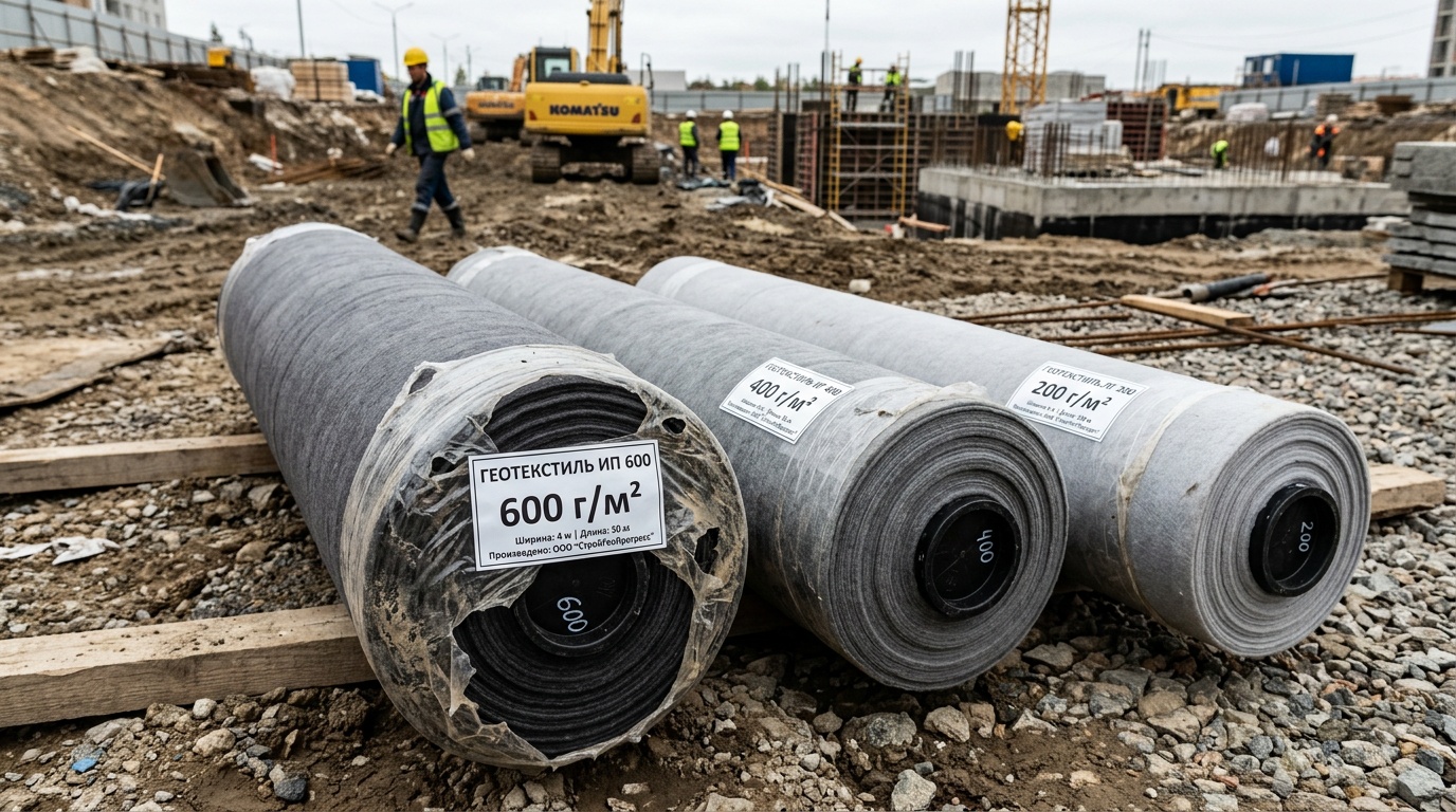Рулоны геотекстиля разной плотности на строительном объекте, видна маркировка г/м²