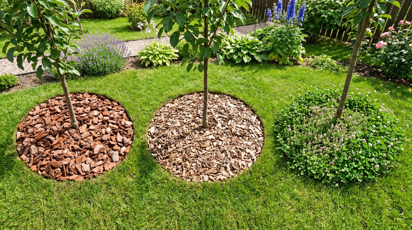 сравнение нескольких приствольных кругов рядом: один с корой, другой с мульчей из щепы, третий с зелёными почвопокровниками, летний сад, вид сверху