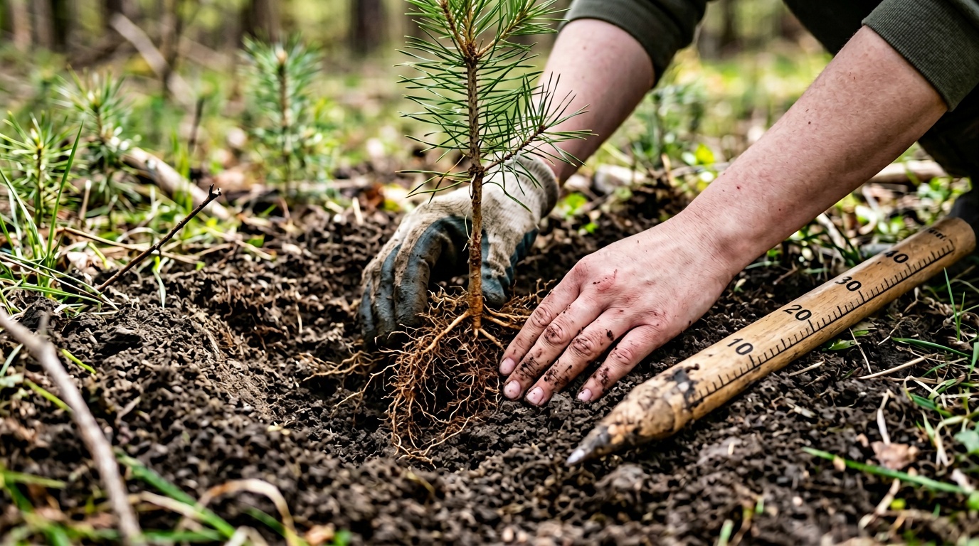 Крупный план: руки аккуратно устанавливают саженец сосны в посадочную яму, видно правильное положение корневой шейки на уровне земли, рядом рейка для проверки глубины