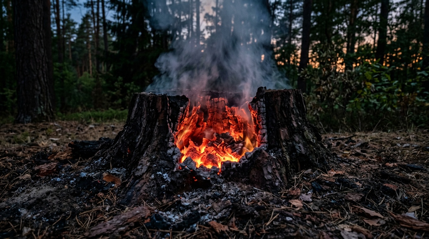 тлеющий пень в процессе выгорания, вечернее освещение, видно дым и красное тление внутри ямы