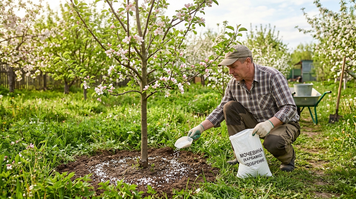 садовник вносит гранулы мочевины в приствольный круг молодой яблони, весенний сад, листья уже распустились, мягкое утреннее освещение