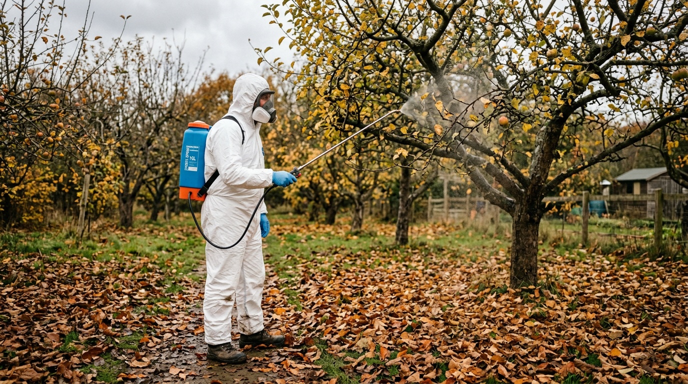 садовод в защитном снаряжении опрыскивает яблоню из ранцевого опрыскивателя, пасмурный осенний день, опавшие листья под ногами