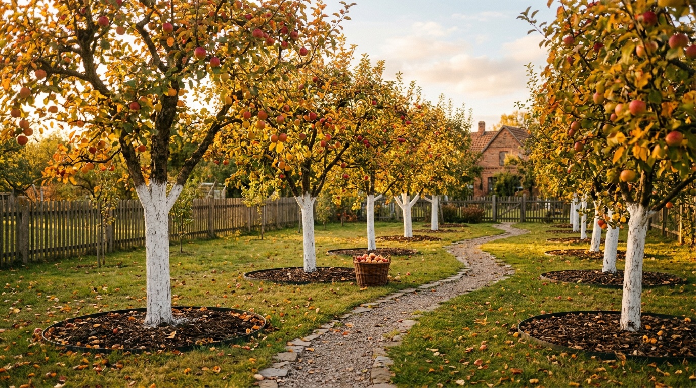 ухоженный осенний сад с яблонями, побелённые стволы деревьев, чистый приствольный круг, тёплое золотое освещение