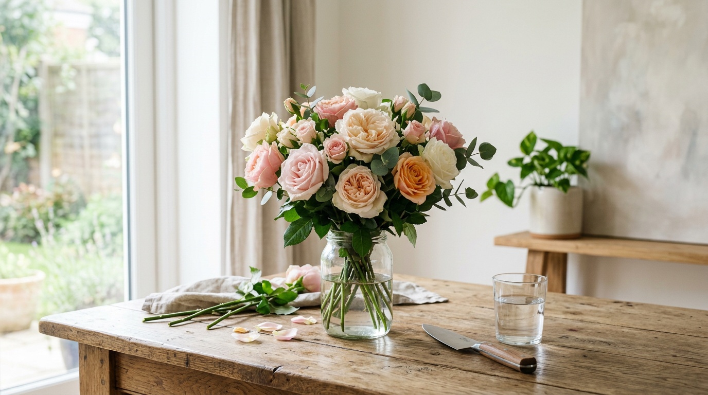 свежий букет роз на деревянном столе, рядом острый нож и стакан с водой, светлый минималистичный интерьер