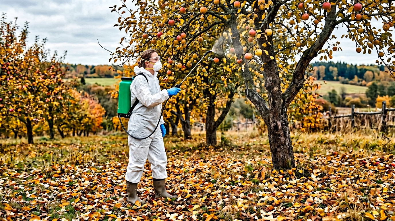 садовод в защитном костюме и очках опрыскивает яблоню из ранцевого опрыскивателя, осень, пожелтевшие листья под ногами