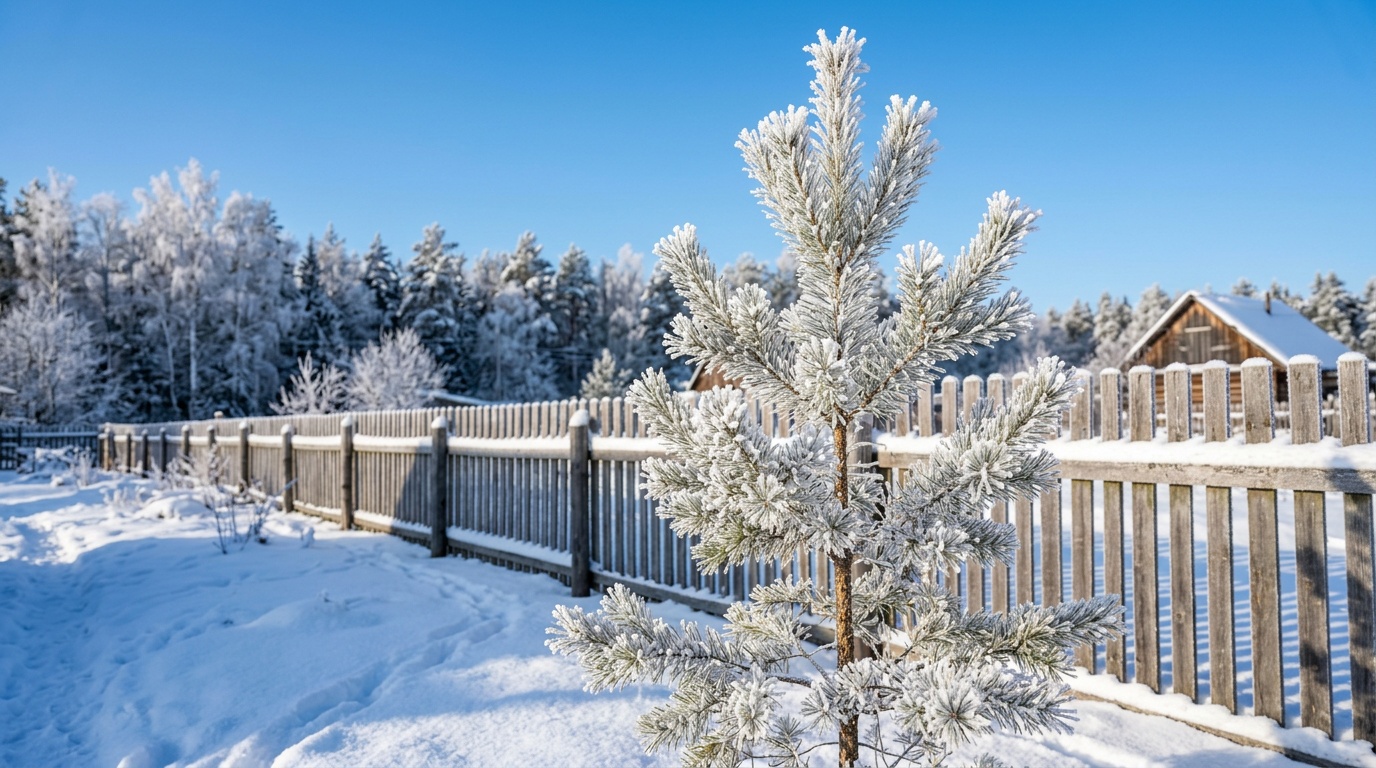Молодая сосна на загородном участке в зимний день, хвоя покрыта инеем, на заднем плане деревянный забор и чистое голубое небо