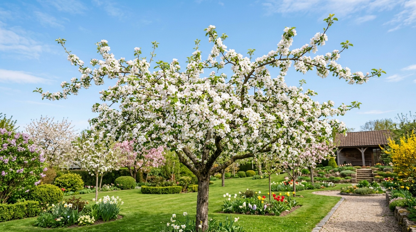 яблоня в полном цвету ранней весной, белые цветки на фоне ясного неба, ухоженный сад