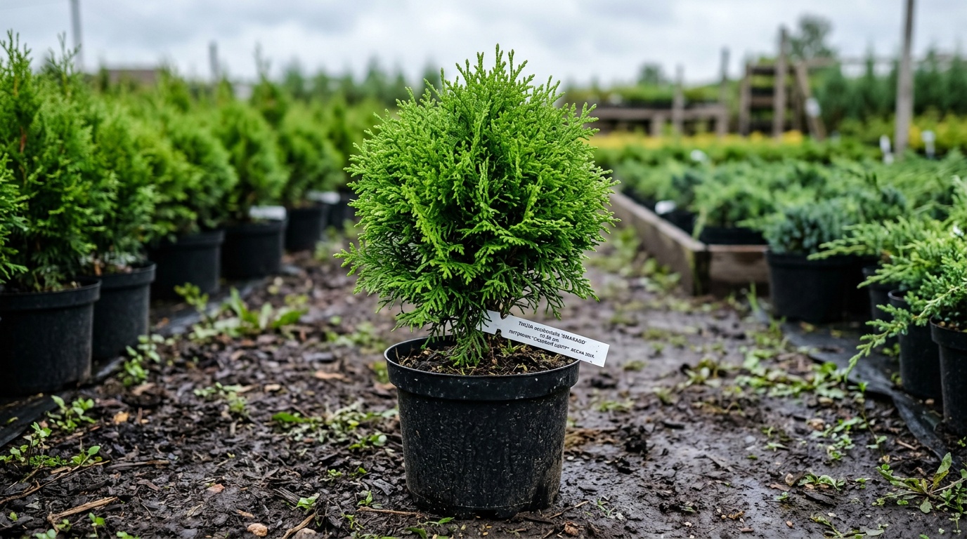 саженец туи 'Смарагд' в чёрном пластиковом контейнере на фоне влажной весенней почвы, пасмурный день, крупный план плотной ярко-зелёной хвои, питомник