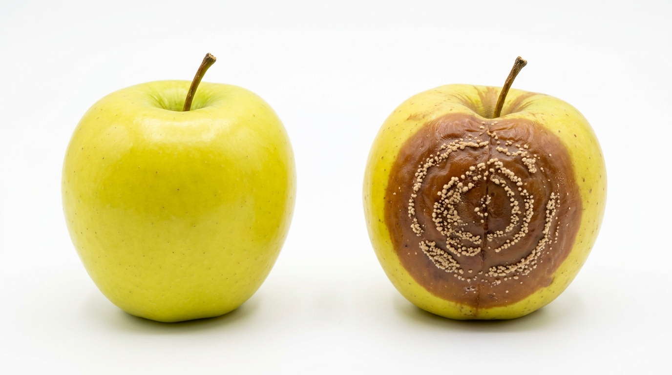 два яблока рядом — одно красивое здоровое, второе с характерным бурым пятном монилиоза, чистый белый фон, студийное фото для наглядного сравнения
