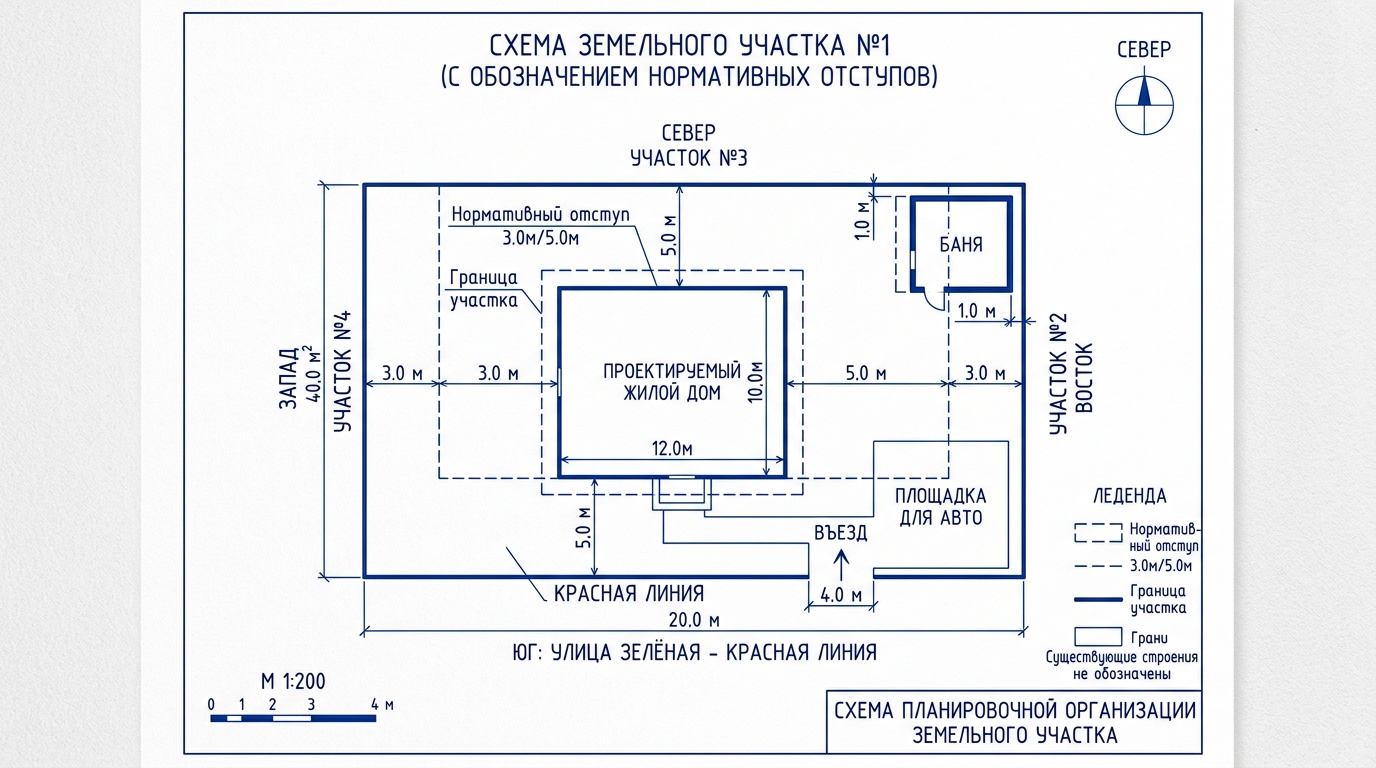 схема участка с обозначенными нормативными отступами, архитектурный чертёж, синие линии на белом фоне, подписи расстояний