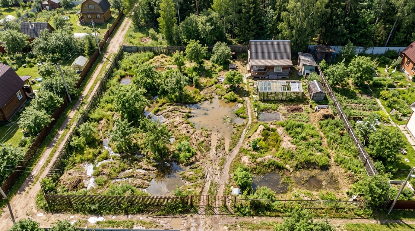 аэрофотоснимок частного дачного участка 8–10 соток с выраженными буграми, впадинами и застоявшимися лужами, светлый летний день, вид сверху, фотореализм