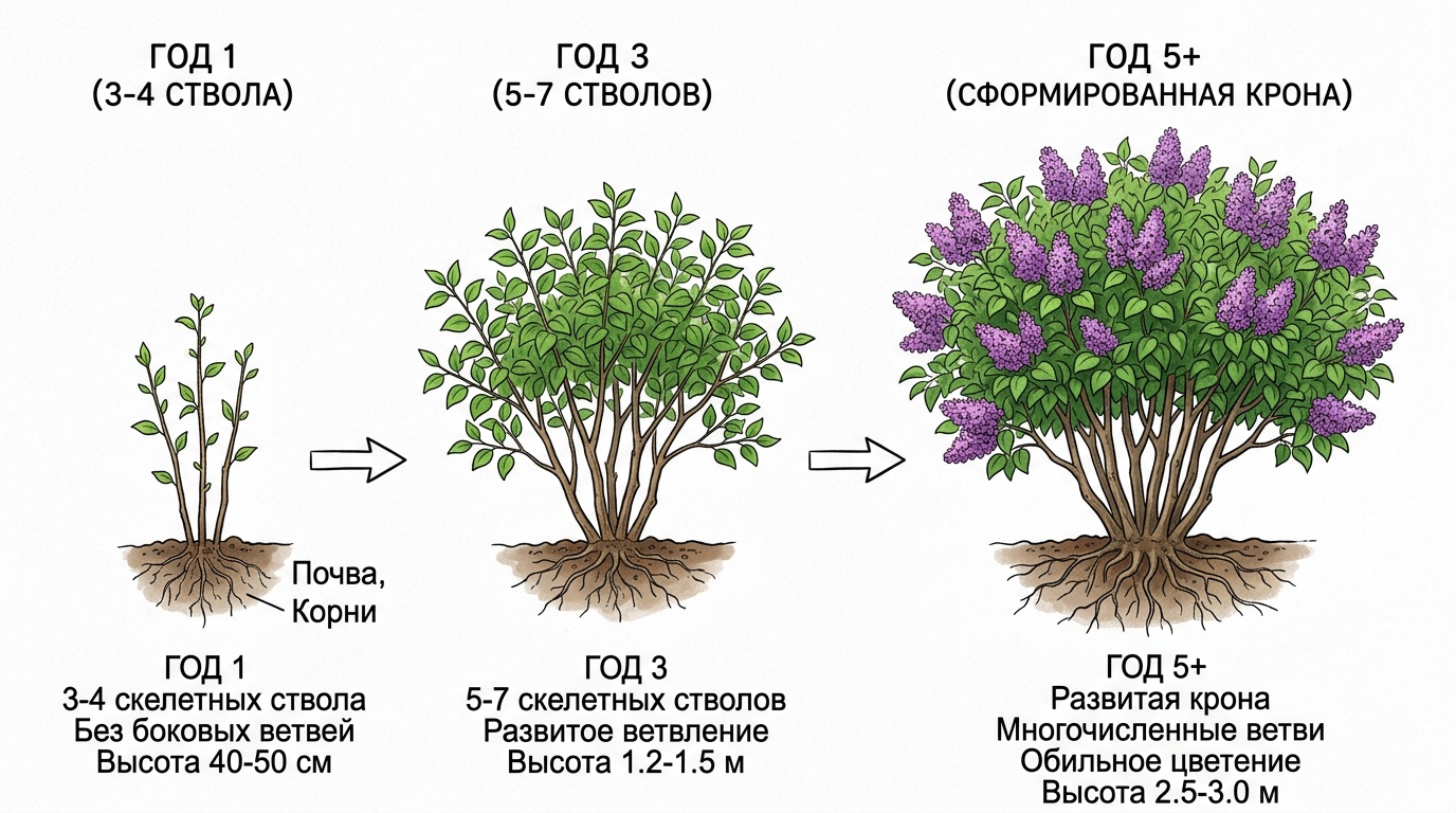 схема трёх стадий формирования куста сирени — год 1 (3-4 ствола), год 3 (5-7 стволов с боковыми ветвями), год 5+ (сформированная крона), нарисованные силуэты на белом фоне