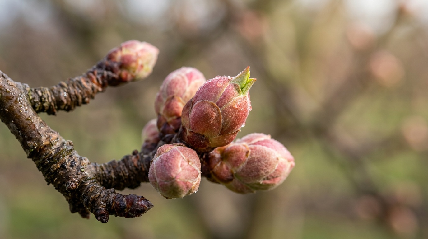 набухшие почки яблони крупным планом, ранняя весна, розоватые почки с едва заметным зелёным кончиком