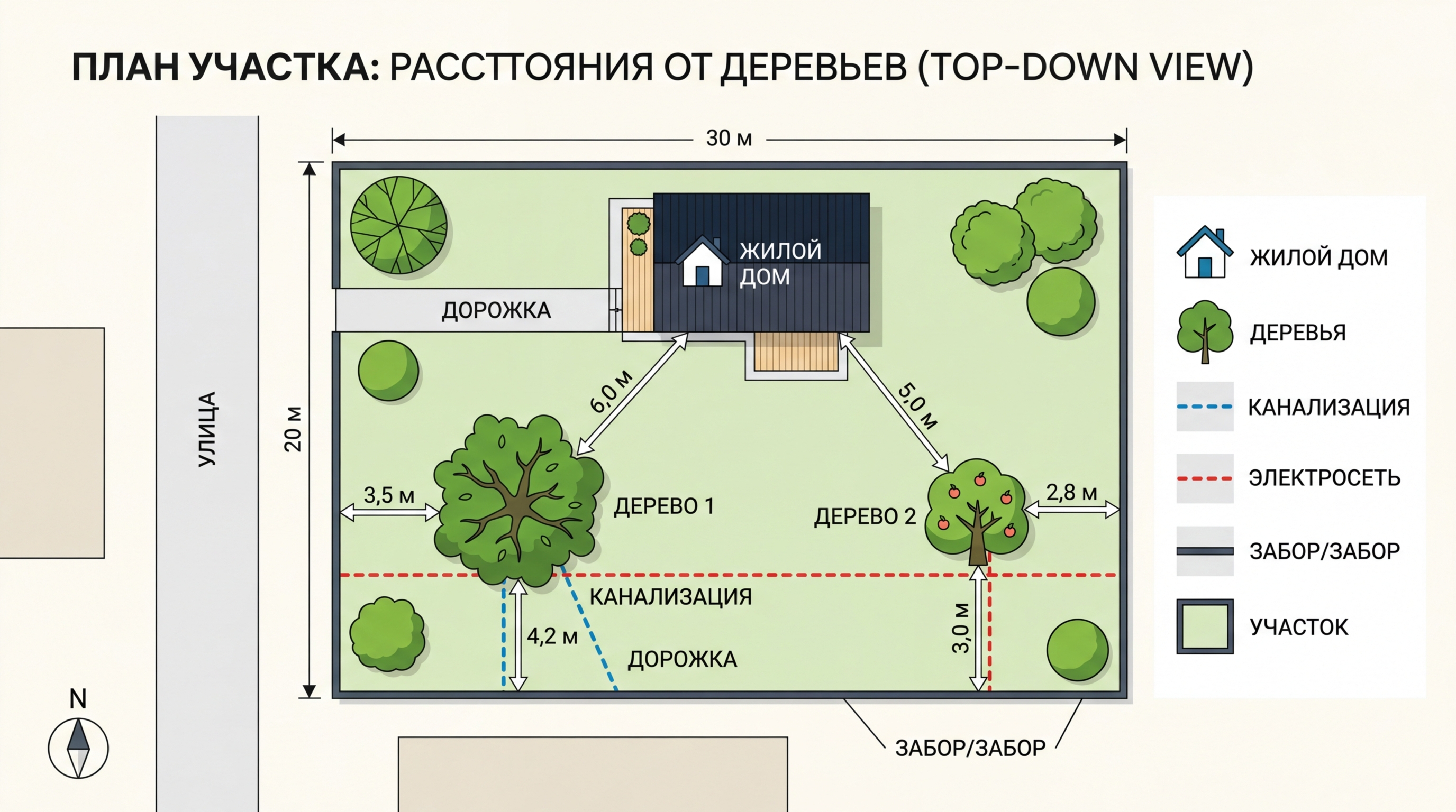 Инфографика — план участка сверху с отмеченными расстояниями от деревьев до дома, забора и подземных коммуникаций, минималистичный чистый стиль