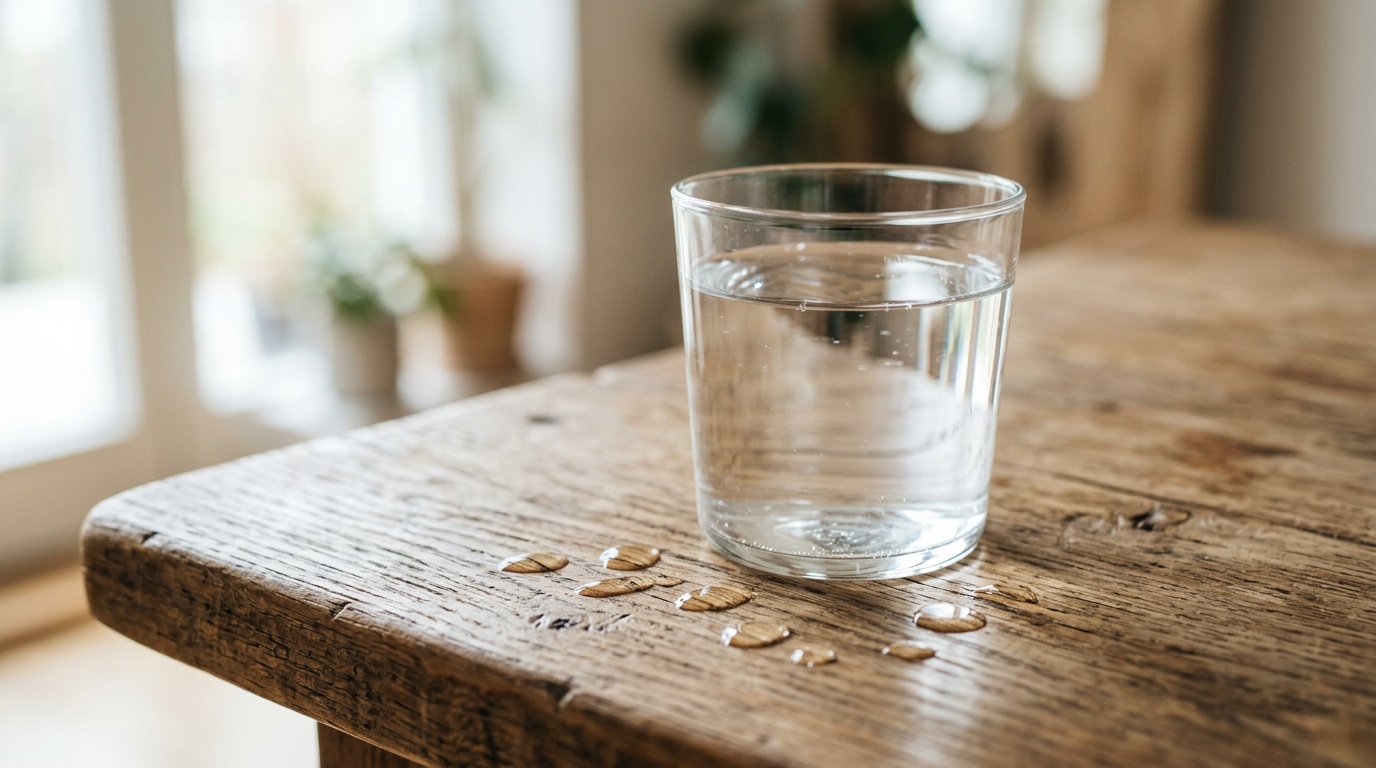 Крупный план стеклянного стакана с прозрачной водой на деревянном столе, рядом — капли на поверхности, мягкий естественный свет, минималистичный стиль