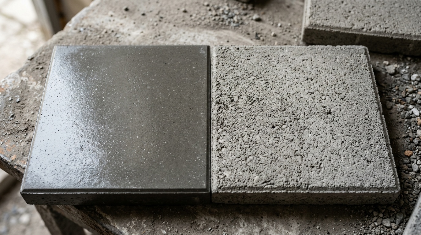 крупный план двух образцов плитки рядом — вибролитая с гладкой блестящей поверхностью и вибропрессованная с шероховатой матовой, видна разница в текстуре и плотности