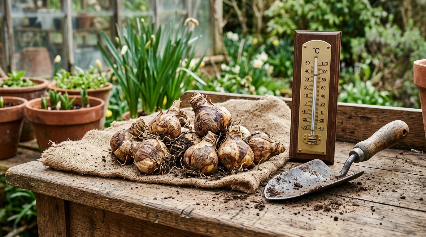 луковицы нарцисса крупным планом на деревянном столе рядом с садовым термометром и лопаткой, естественный дневной свет, деревенский стиль