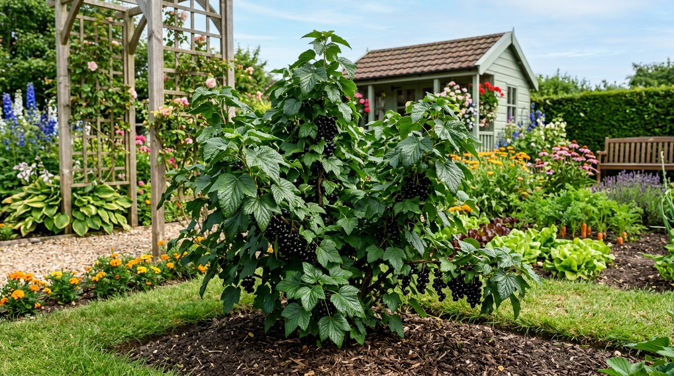 Здоровый куст чёрной смородины 4–5 лет, крупные блестящие тёмно-зелёные листья без пятен, ухоженный садовый участок, летний день