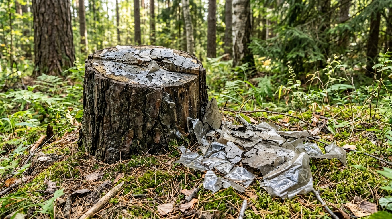 пень после неудачной обработки — твёрдый, без признаков разложения, рядом видна отвалившаяся плёнка герметизации