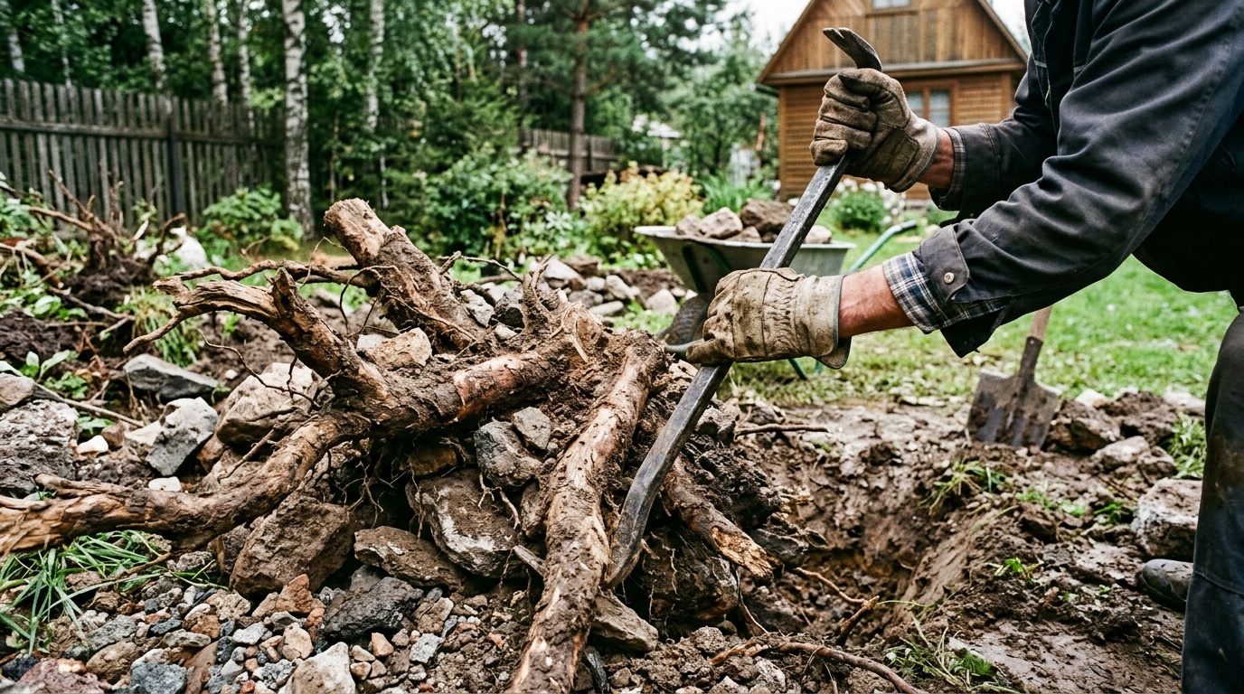 крупные корни дерева среди камней на садовом участке, мужские руки с ломом, работа по корчеванию, реалистичная фотография