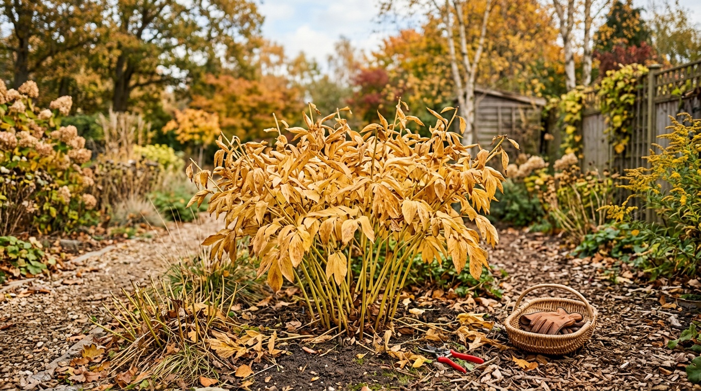Куст травянистого пиона с пожелтевшими листьями осенью, готовый к обрезке, светлый осенний сад, мягкое естественное освещение