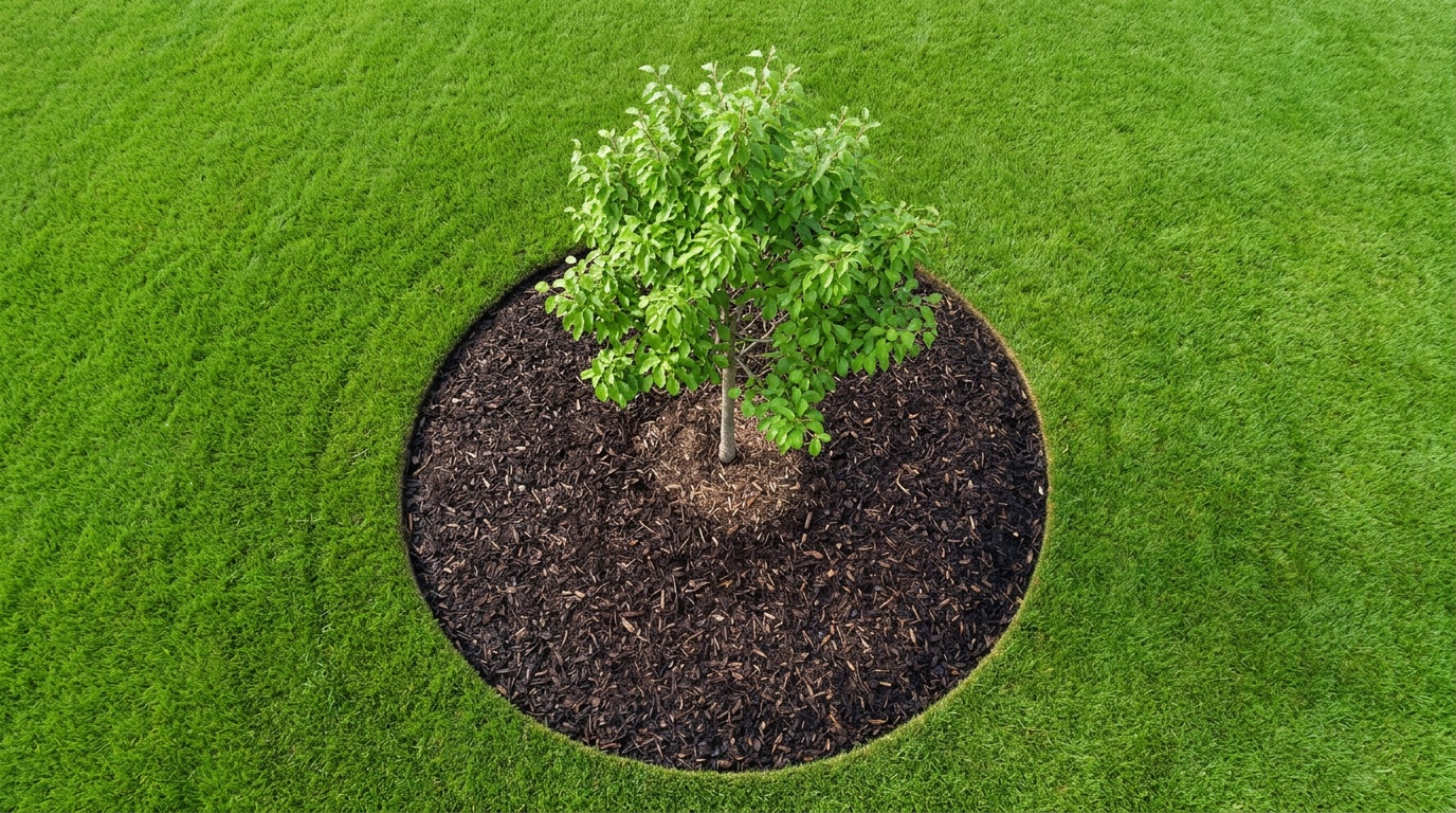 вид сверху на молодое дерево с чётко оформленным круглым приствольным кругом, покрытым тёмной корой, на фоне зелёного газона, летний день