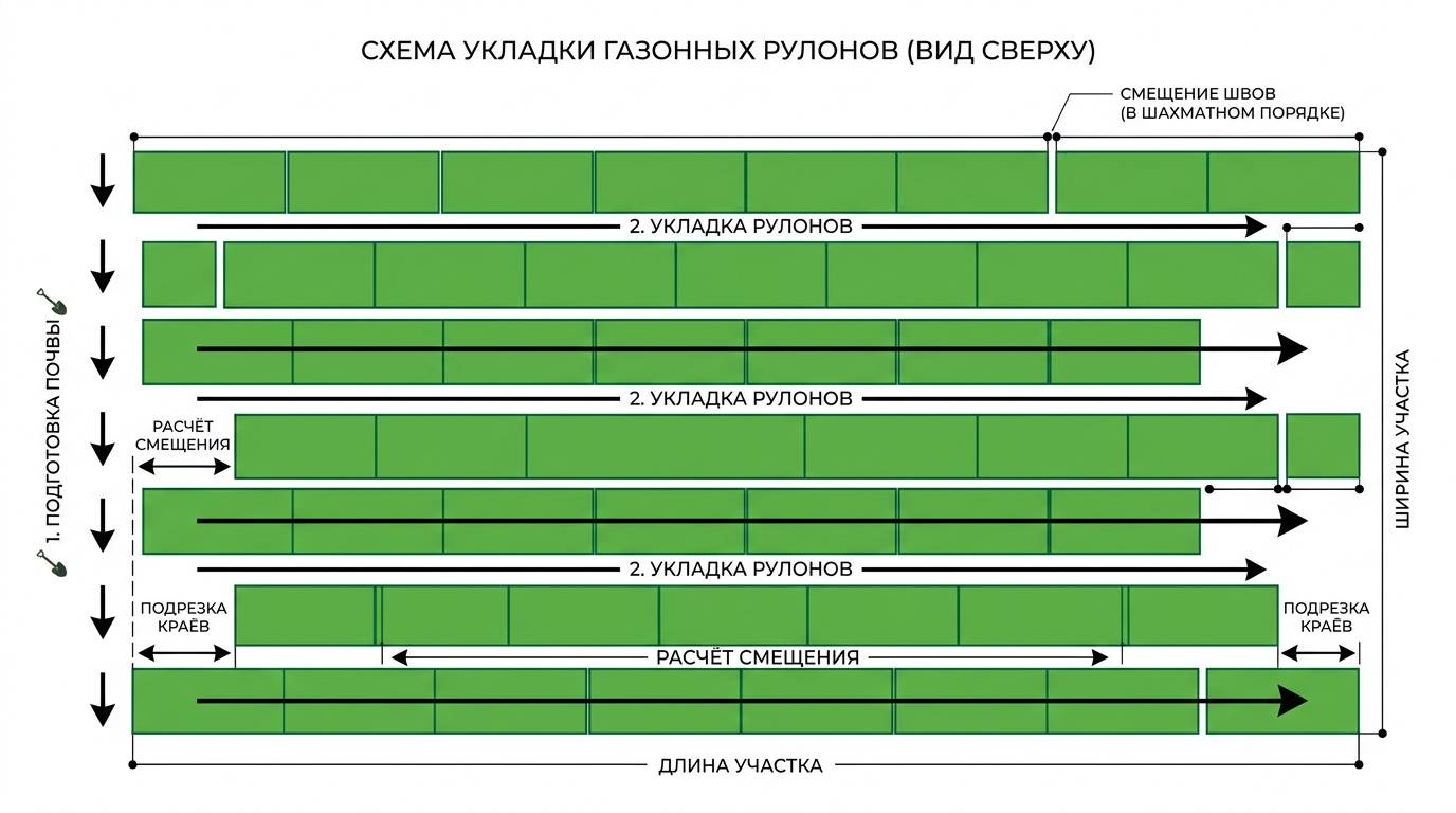 схема укладки газонных рулонов вид сверху, нарисованная диаграмма со смещением рядов в шахматном порядке, стрелки направления, белый фон, минималистичный стиль