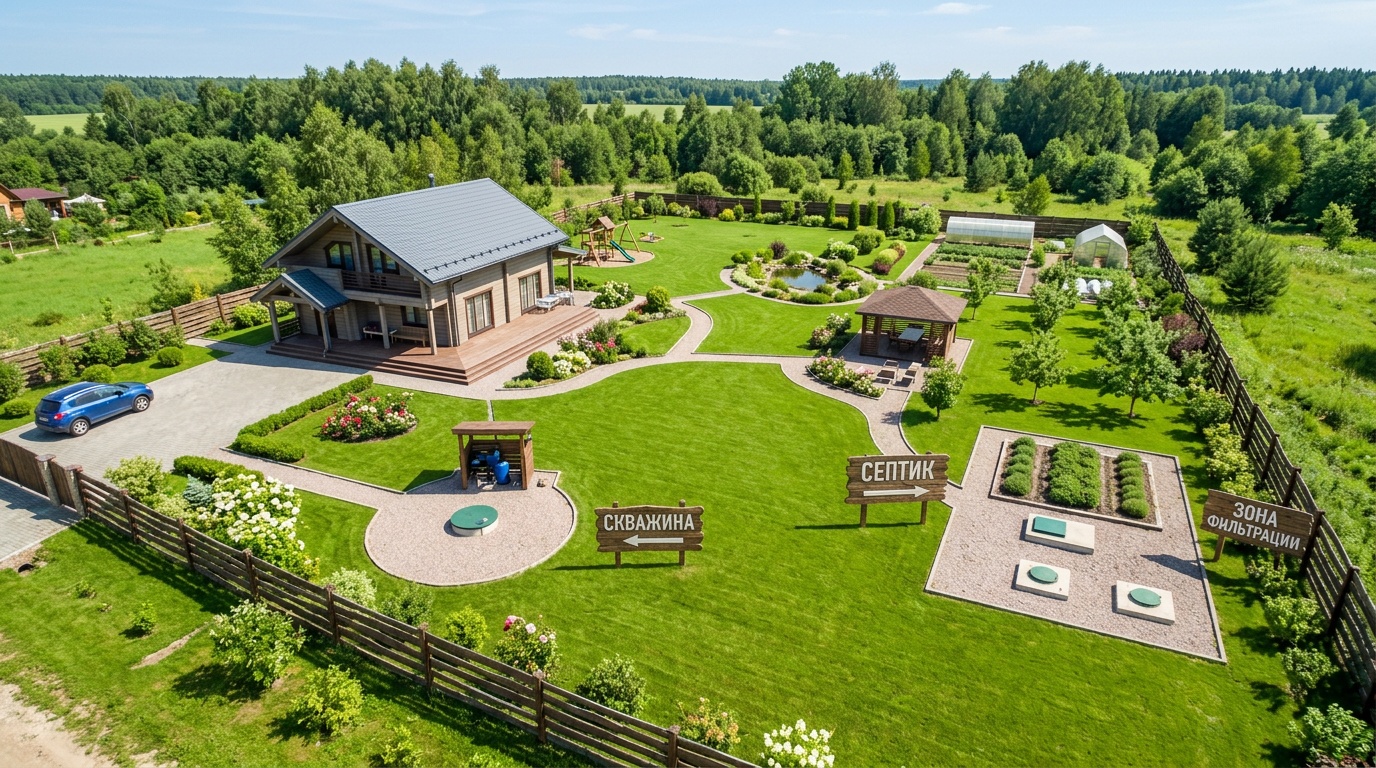 вид сверху на ухоженный загородный участок с обозначенными зонами вокруг скважины и септика, аэросъёмка, зелёная трава, летний день
