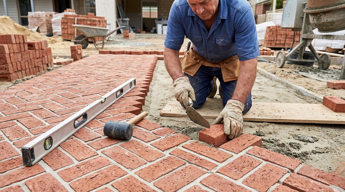 Мастер укладывает кирпич ёлочкой, рядом уровень и резиновая киянка, виден равномерный шов между кирпичами