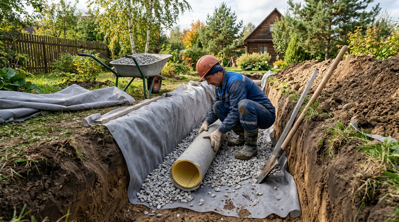 укладка дренажных труб в траншею на загородном участке, геотекстиль, щебень, труба с перфорацией, реалистичная атмосфера, детальная съёмка